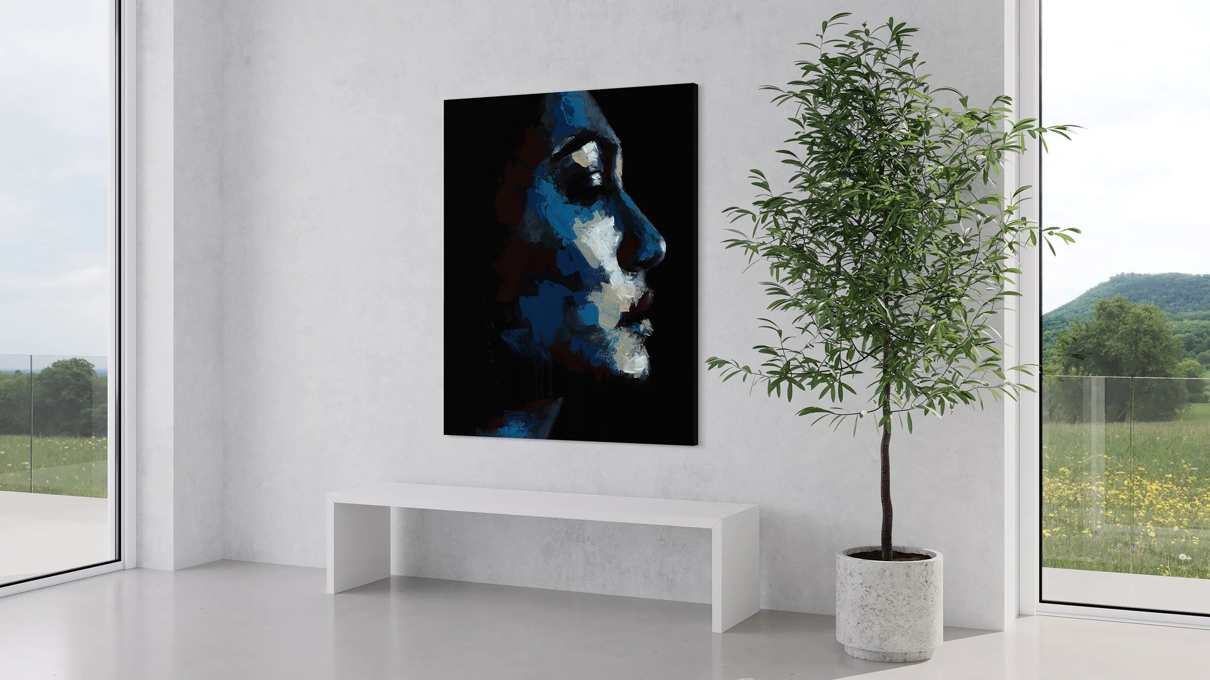 Abstract art female portrait painting displayed in gallery