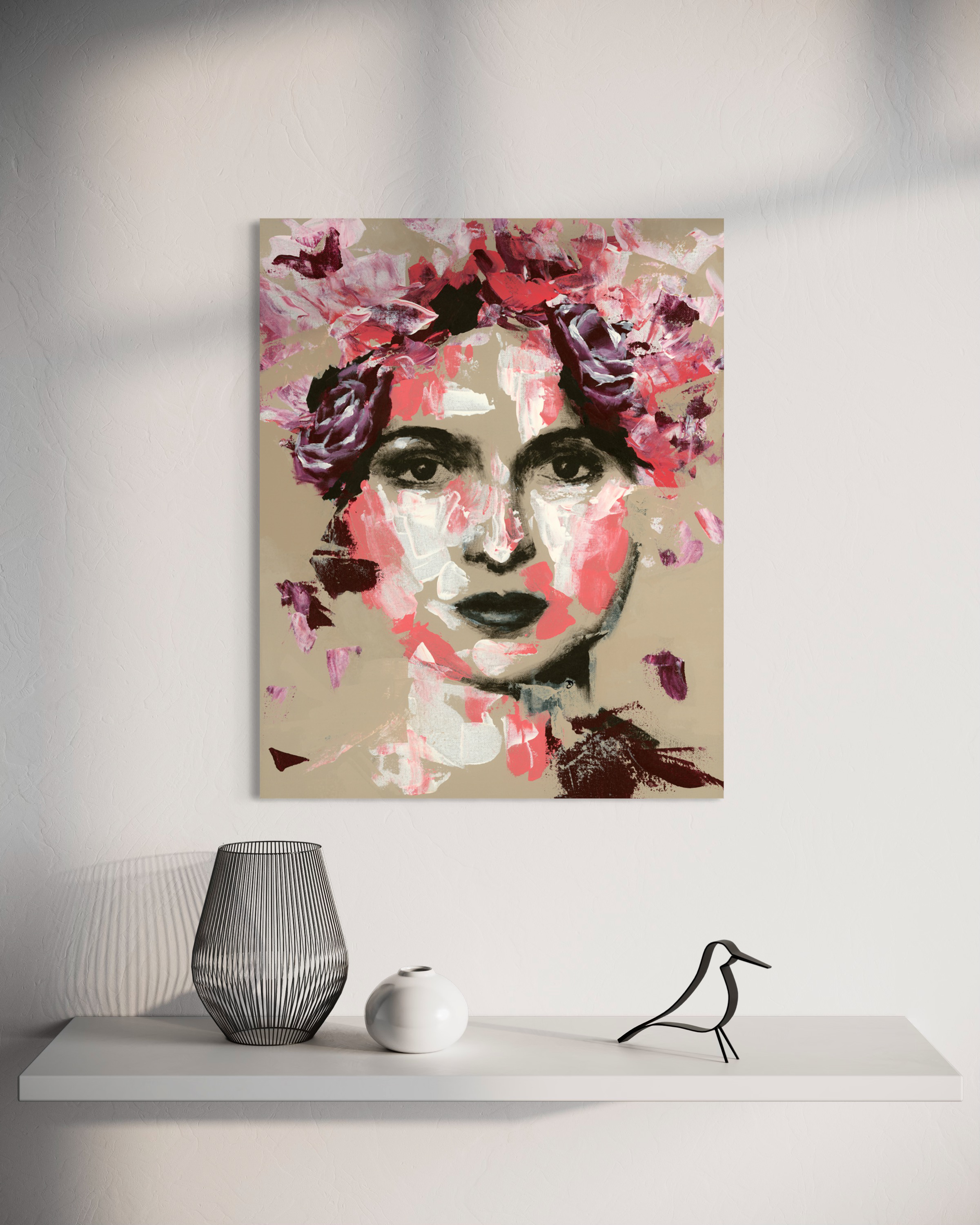 Fine art canvas print styled with wall shelving 