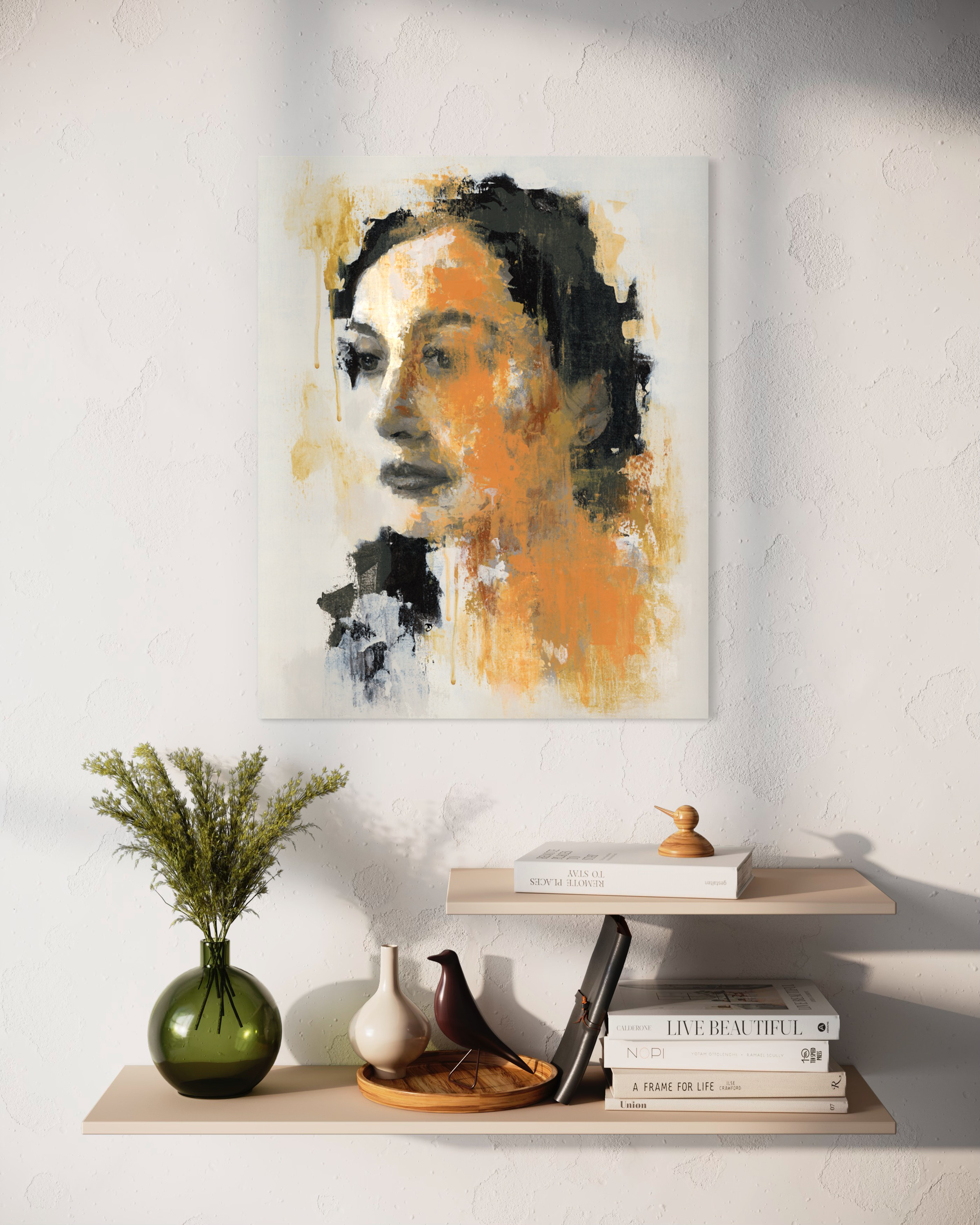 Abstract realism face art hung with ledges shelves 